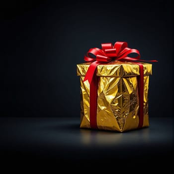 A beautifully wrapped gold gift box with a red ribbon rests on a dark surface, creating an alluring atmosphere ideal for special occasions or festivities.