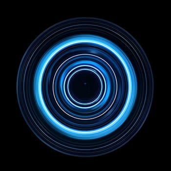 Circular neon lights in blue color are continuously shifting against a dark background