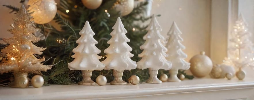 A festive mantel displays charming white Christmas trees alongside gold ornaments and lights, capturing the warm spirit of the holiday season in a cozy home environment.
