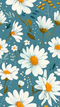 Beautiful floral pattern with white daisies and leaves on a blue background.