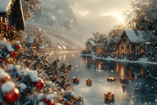 A beautiful and picturesque winter scene featuring a snowy village, a serene river, and delightful holiday gifts