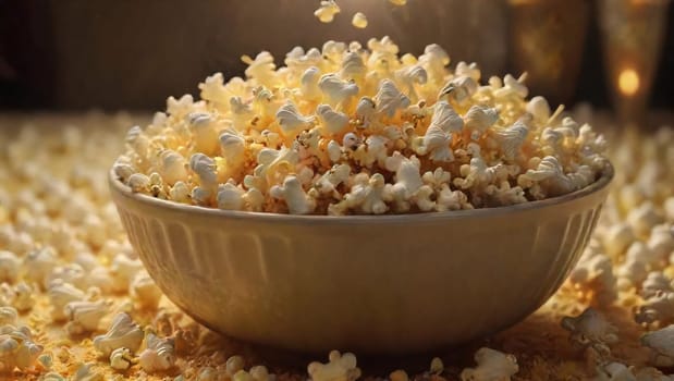 A large, overflowing bowl of popcorn sits on a table, surrounded by scattered kernels. The warm lighting creates an inviting atmosphere for a relaxed evening gathering.