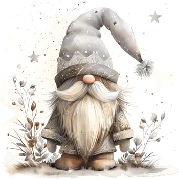 Charming gnome in winter attire with snowy background and star details.