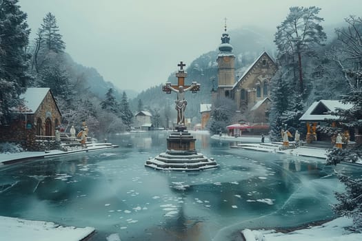A beautiful and serene winter landscape showcasing a frozen lake, snowcovered trees, and a charming little church