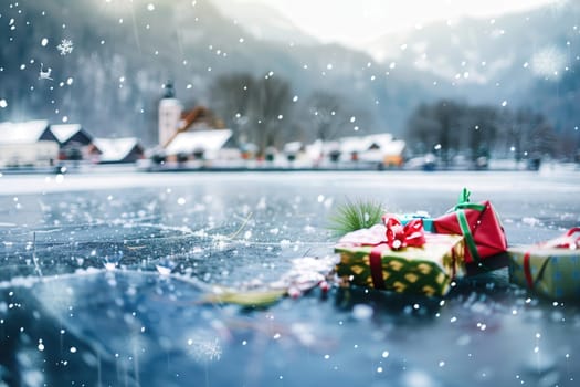 A beautiful winter landscape featuring colorful Christmas gifts on a frozen lake, surrounded by snow.