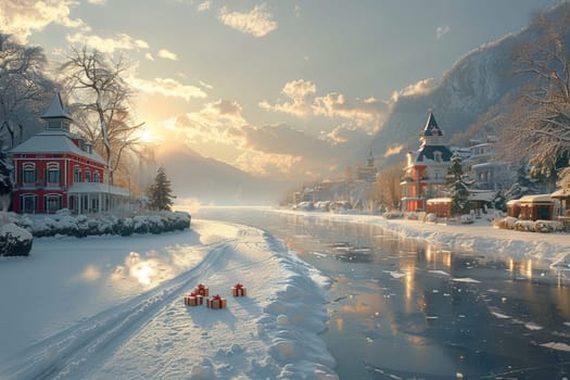 A beautiful winter scene with a snowy landscape, a river, and cozy houses glowing in soft sunset light