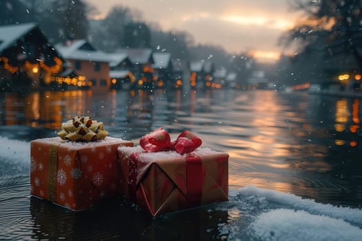 A beautiful winter setting showcasing festive gifts, glistening snow, and a charmfilled ambiance by the river water