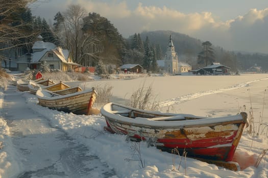 A beautiful, serene winter scene showcases colorful boats that are blanketed in snow, situated by a frozen lake