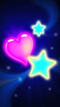 A vibrant heart and star display illuminates a dark backdrop, creating a playful atmosphere perfect for art or design inspiration. The glowing elements captivate with their bold colors.
