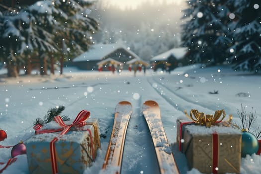 A beautifully picturesque snowy landscape that features skis and a bunch of festive gifts in a serene winter setting