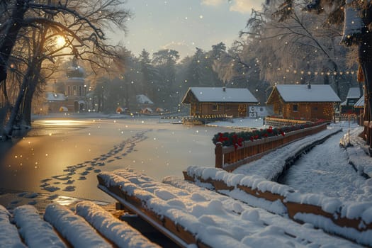 A beautifully serene winter scene showcasing charming snowladen cabins and sparkling water beneath soft, warm sunlight