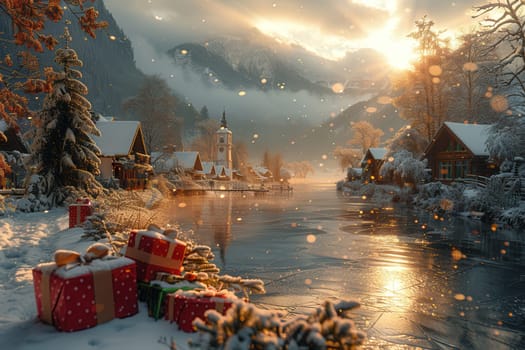 A beautifully serene winter scene showcasing a river, majestic mountains, and colorful gifts scattered in the snow