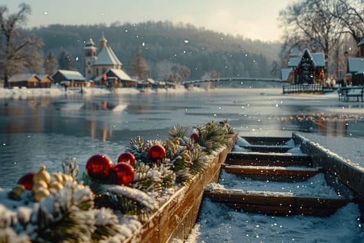 A beautifully serene winter scene showcasing snowcovered banks and delightful festive decor along a tranquil river