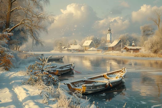 A beautifully serene winter scene that showcases snowcovered boats peacefully resting by a tranquil river