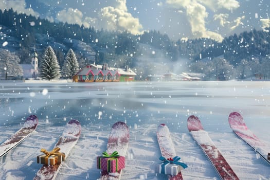 A beautifully serene winter scene unfolds, showcasing skis and a variety of colorful gifts amid a snowy landscape