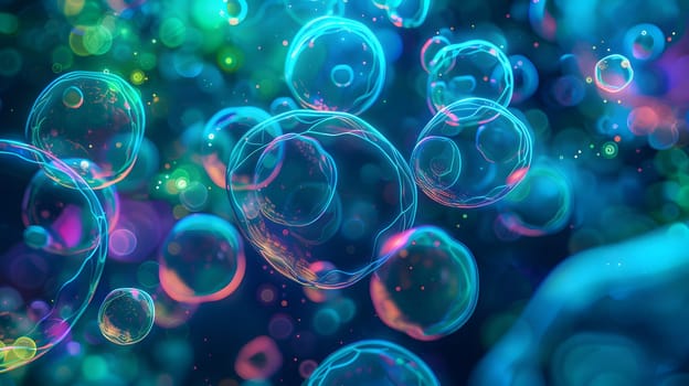 Vibrant multicolored bubbles float against a neon background, creating a magical scene