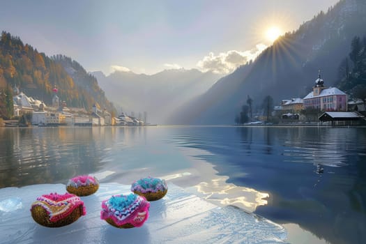 A beautifully tranquil winter scene featuring an array of colorful donuts placed on a snowy lakeshore at sunrise