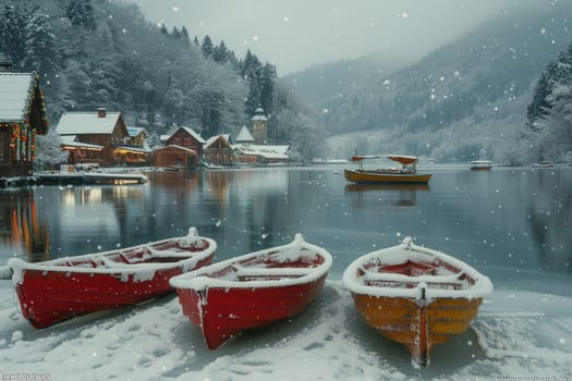 A breathtaking winter landscape showcases boats covered in soft snow, resting peacefully on a tranquil lake