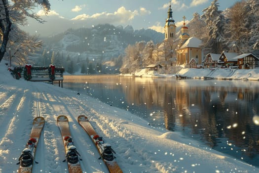 A breathtaking winter scene showcases picturesque snowcovered landscapes, a tranquil lake, and ski equipment