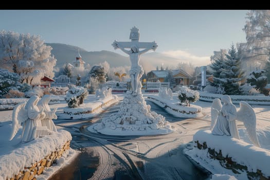 A breathtaking winter scene showcases enchanting snowcovered statues set amidst a serene and tranquil garden