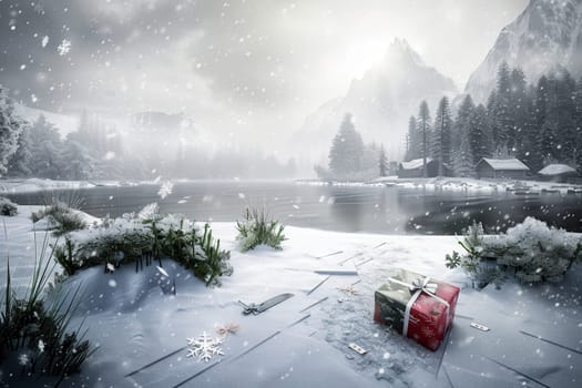 A captivating winter scene showcasing snowflakes, majestic mountains, and a beautifully wrapped gift by a serene lake