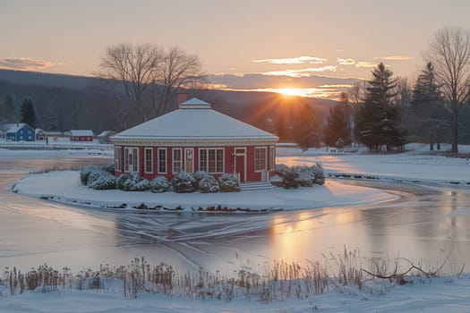 A charming and picturesque gazebo stands amidst the snow, beautifully reflecting a tranquil winter sunset