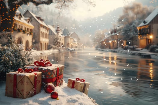 A charming and picturesque winter landscape showcasing delightful gifts, soft snow, and a serene river setting