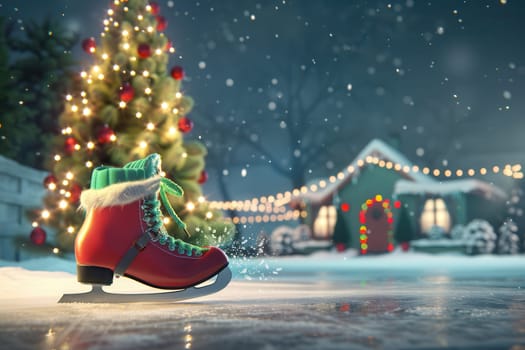 A charming holiday setting features a beautifully decorated Christmas tree, with a snowy ground and a festive boot