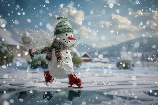 A charming snowman skates joyfully in a snowy landscape sprinkled with delicate, sparkling snowflakes