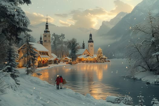 A charming village by a lakeside is adorned with vibrant festive lights, creating a lively winter scene