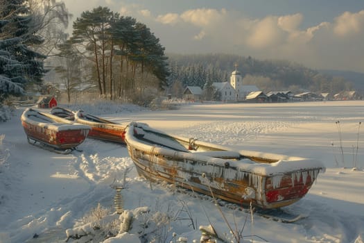 A charming winter landscape depicts snowcovered boats gently resting by the tranquil, peaceful lake shore