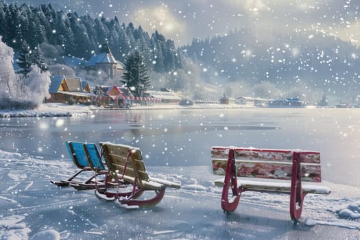 A charming winter scene beautifully featuring colorful sleds, gentle snowfall, and a serene frozen lake nearby