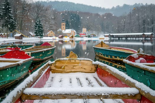 A charming, magical winter scene featuring colorful boats resting in the snow near a serene, picturesque lake