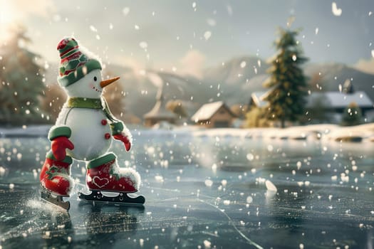 A cheerful festive snowman joyfully skating on a glistening icy pond, surrounded by a charming winter landscape