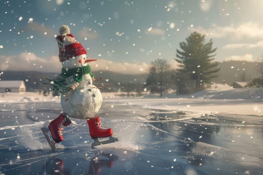 A cheerful and playful snowman skates joyfully on a frozen pond, surrounded by a beautiful snowy landscape