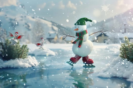 A cheerful snowman happily ice skating under the gently falling snow in a picturesque winter wonderland scene