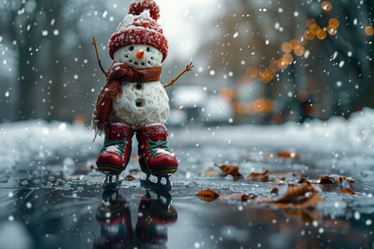 A cheerful, joyful snowman wearing skates glides on ice, surrounded by gently falling snow and colorful autumn leaves