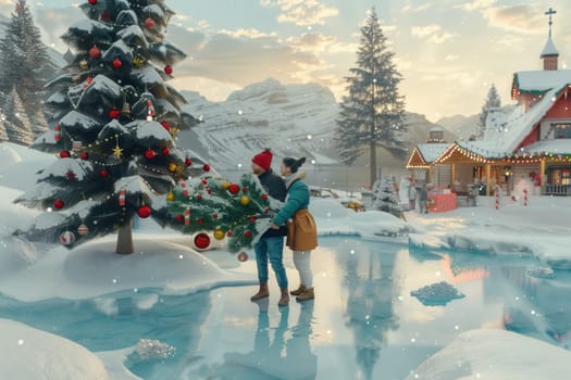 A loving couple is embracing closely near a beautifully decorated Christmas tree in a serene, snowy winter landscape