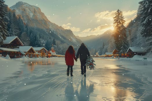A lovely couple strolls hand in hand across a stunning frozen lake, surrounded by breathtaking snowcovered mountains