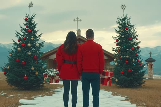 A loving couple joyfully embraces the delightful holiday spirit near beautifully adorned trees and a cozy chapel