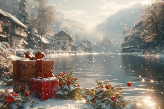 A magical winter scene adorned with festive gifts nestled by a serene river, encircled by majestic snowy mountains