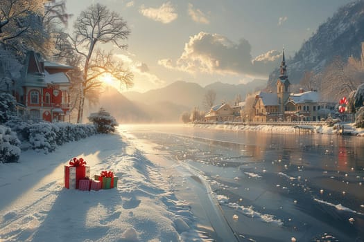 A peaceful and tranquil winter scene featuring beautifully wrapped gifts situated by a snowcovered river at dawn
