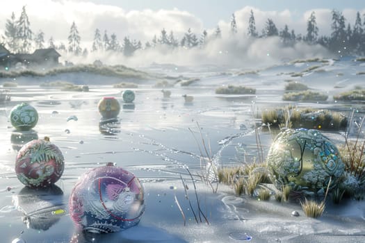 A picturesque and tranquil winter scene showcasing festive ornaments adorning a frozen lake within natures beauty