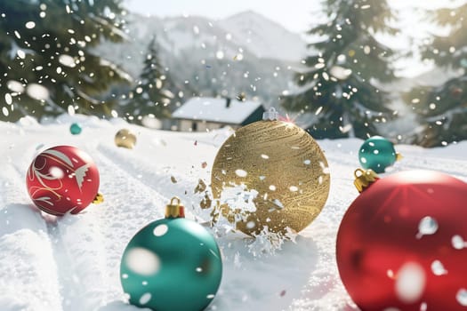 A picturesque scene of festive ornaments in pristine snow, capturing the joy of winter celebrations
