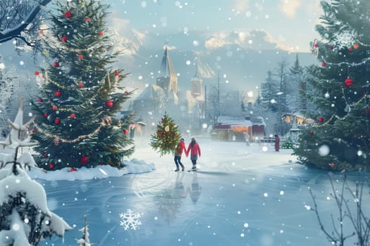 A picturesque snowy scene featuring children skating among festive trees and a serene village backdrop.
