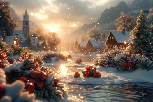 A picturesque village scene blanketed in snow, adorned with festive Christmas decorations at sunset