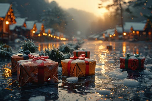 A picturesque winter evening showcasing beautifully wrapped Christmas gifts amidst a serene snowy landscape.