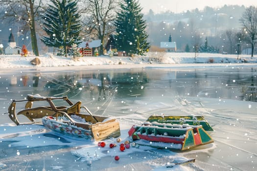 A picturesque winter scene features festive sleighs gracefully gliding over a frozen lake under falling snowflakes