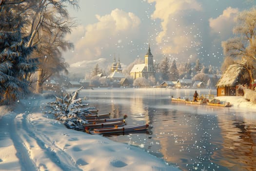 A picturesque winter scene reveals soft, fluffy snow, a calm, serene river, and a charming village located nearby