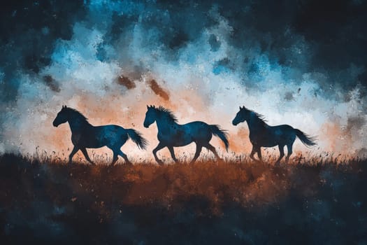 Three horses run across the field in the fog. High quality photo